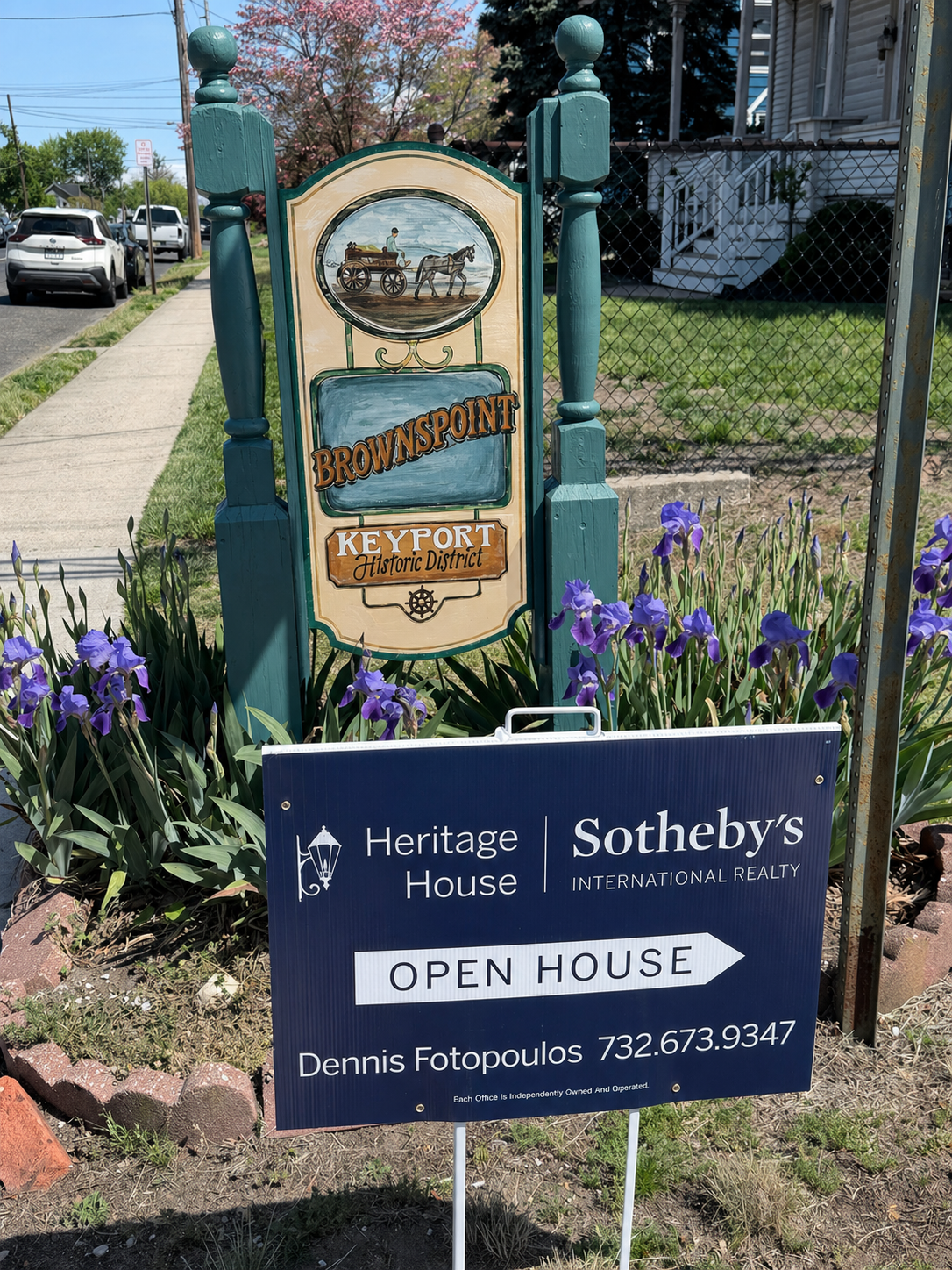Heritage House Sotheby's International Realty open house sign at the Browns Point Keyport Historic District marker