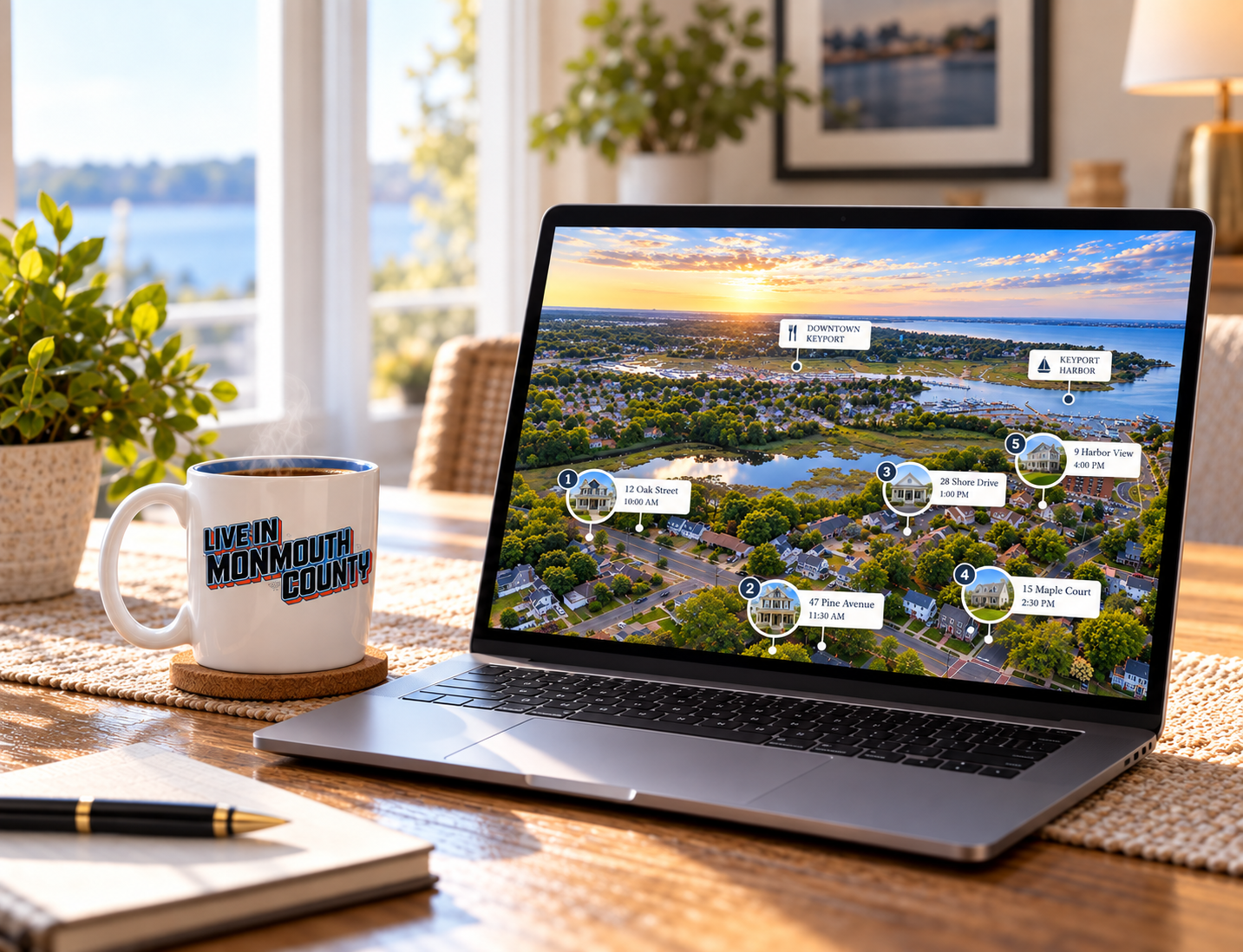 Laptop displaying a Keyport real estate map beside a Live In Monmouth County coffee mug