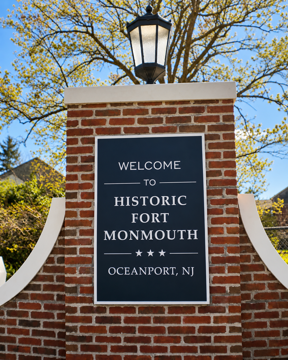 Historic Fort Monmouth entrance sign in Oceanport, New Jersey